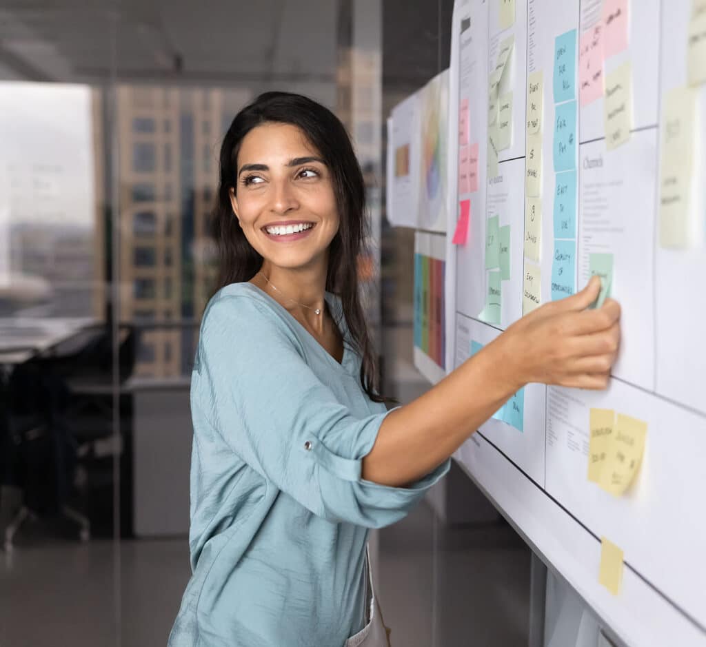 Professional woman placing sticky notes on large planning board