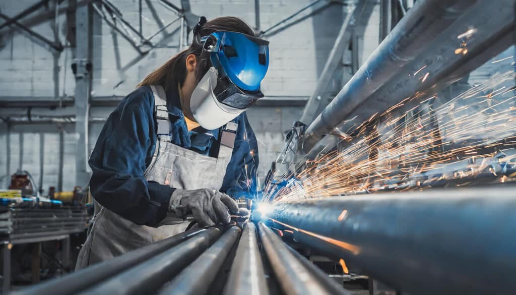 Young female welder with tolls welding tube with sparks