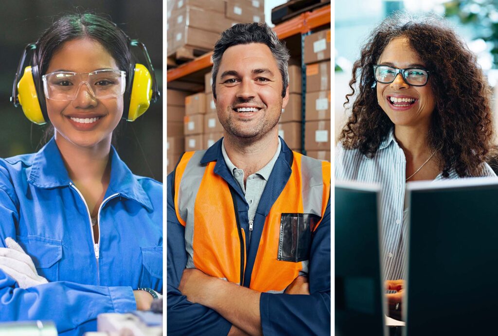 Machine worker, warehouse worker, and office worker stacked next each other.
