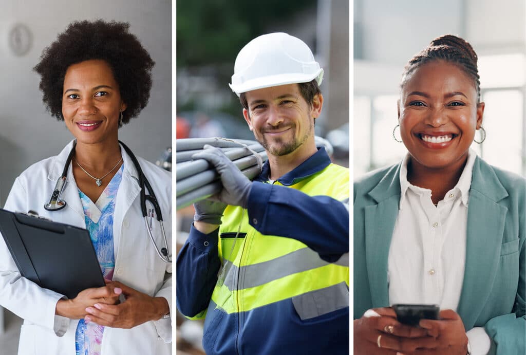 Female doctor, male construction worker, and female office worker smile at camera.
