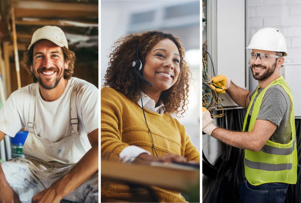 Male painter, female customer service rep and male electrician smile at camera.