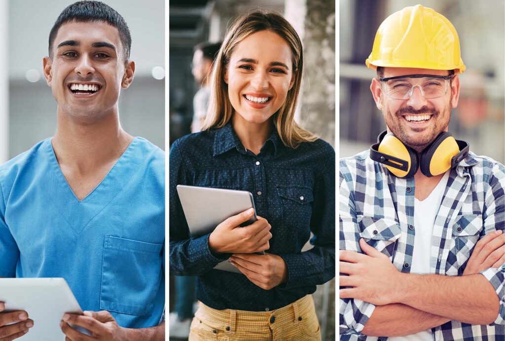 Male nurse, female office worker, and male construction worker smiling at camera.