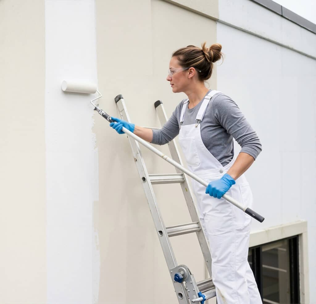 A female painter wearing white overalls, a grey long-sleeve shirt, blue gloves, and safety glasses stands on an aluminum extension ladder.